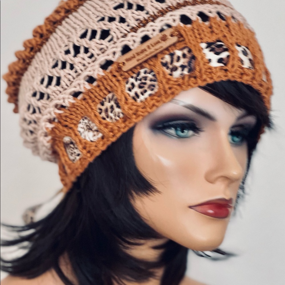 Hand Knits 2 Love Cotton Slouch Hat Cap Tiger Animal Print Tie Lace Designer